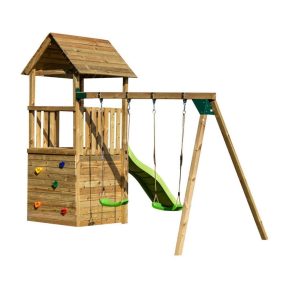 Misaladejuegos Parque infantil Masgames TIBIDABO L con Caseta, rampa de escalada y columpio doble MA700205
