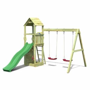 Misaladejuegos Parque infantil de madera para niños, torreta con tobogán y columpio doble Flappi S-03435-PK-XG-1