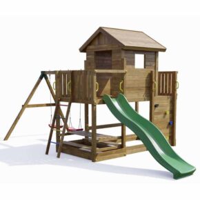 Misaladejuegos Casa de juegos de madera Fungoo Mars con tobogán, columpio, mesa de picnic y columpio S-08020-P-K-XG-1