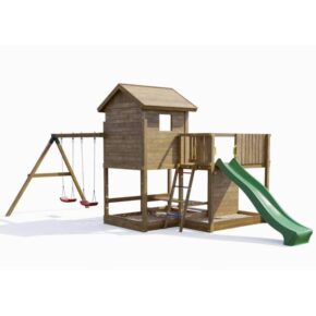 Misaladejuegos Casa de juegos de madera Fungoo Pluto con tobogán, dos columpios, mesa de picnic, columpio y arenero S-08030-P-K-XG-1 - Imagen 2