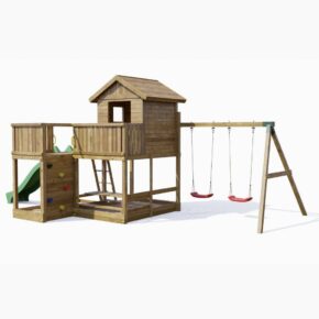 Misaladejuegos Casa de juegos de madera Fungoo Pluto con tobogán, dos columpios, mesa de picnic, columpio y arenero S-08030-P-K-XG-1