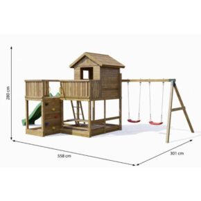 Misaladejuegos Casa de juegos de madera Fungoo Pluto con tobogán, dos columpios, mesa de picnic, columpio y arenero S-08030-P-K-XG-1 - Imagen 3