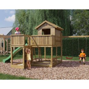 Misaladejuegos Casa de juegos de madera Fungoo Pluto con tobogán, dos columpios, mesa de picnic, columpio y arenero S-08030-P-K-XG-1 - Imagen 5