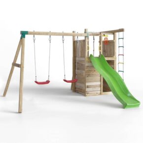 Misaladejuegos Parque infantil de madera Fungoo Houser con tobogán, dos columpios y casita de juegos S-08520-P-K-XG-1 - Imagen 2