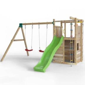 Misaladejuegos Parque infantil de madera Fungoo Houser con tobogán, dos columpios y casita de juegos S-08520-P-K-XG-1
