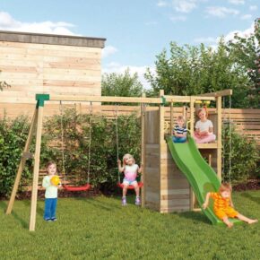 Misaladejuegos Parque infantil de madera Fungoo Houser con tobogán, dos columpios y casita de juegos S-08520-P-K-XG-1 - Imagen 4