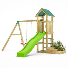 Misaladejuegos Parque infantil de jardín de madera Fungoo Green Space con jardineras, tobogán y columpios S-08860-P-K-XG-1