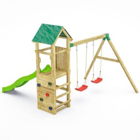 Misaladejuegos Fungoo Charly Parque infantil de jardín de madera con tobogán, dos columpios y pared de roca S-08660-P-K-XG-1 - Imagen 2