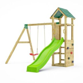 Misaladejuegos Fungoo Charly Parque infantil de jardín de madera con tobogán, dos columpios y pared de roca S-08660-P-K-XG-1