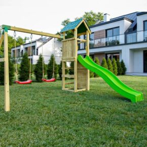 Misaladejuegos Fungoo Charly Parque infantil de jardín de madera con tobogán, dos columpios y pared de roca S-08660-P-K-XG-1 - Imagen 3