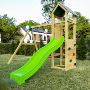 Misaladejuegos Fungoo Charly Parque infantil de jardín de madera con tobogán, dos columpios y pared de roca S-08660-P-K-XG-1 - Imagen 4