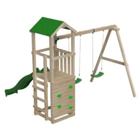 Misaladejuegos Parque infantil Masgames Carlit L con techo de lona, columpio doble y pared de escalada MA700264