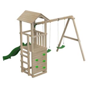 Misaladejuegos Parque infantil Masgames Carlit L con techo de madera con columpio doble y pared de escalada MA700268