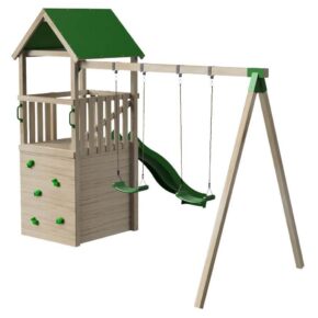Misaladejuegos Parque infantil Masgames Tibidabo L con techo de lona, caseta, pared de escalada y columpio doble MA700237
